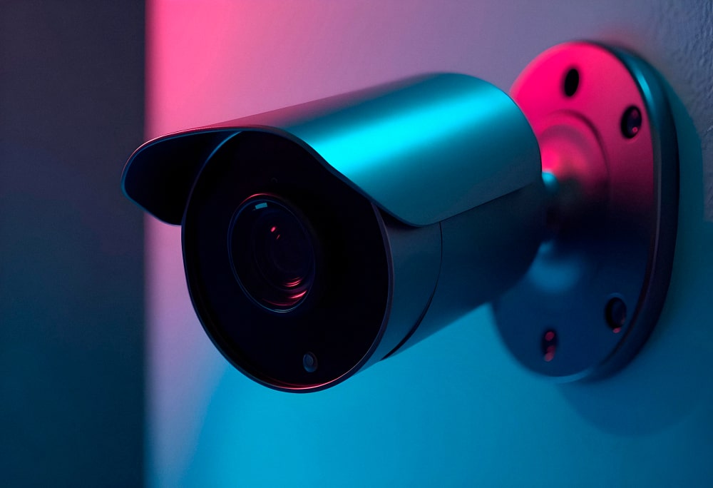 Une caméra de surveillance cylindrique sous un éclairage néon bleu et rose, rappelant l'apparence discrète de certains dispositifs d'espionnage