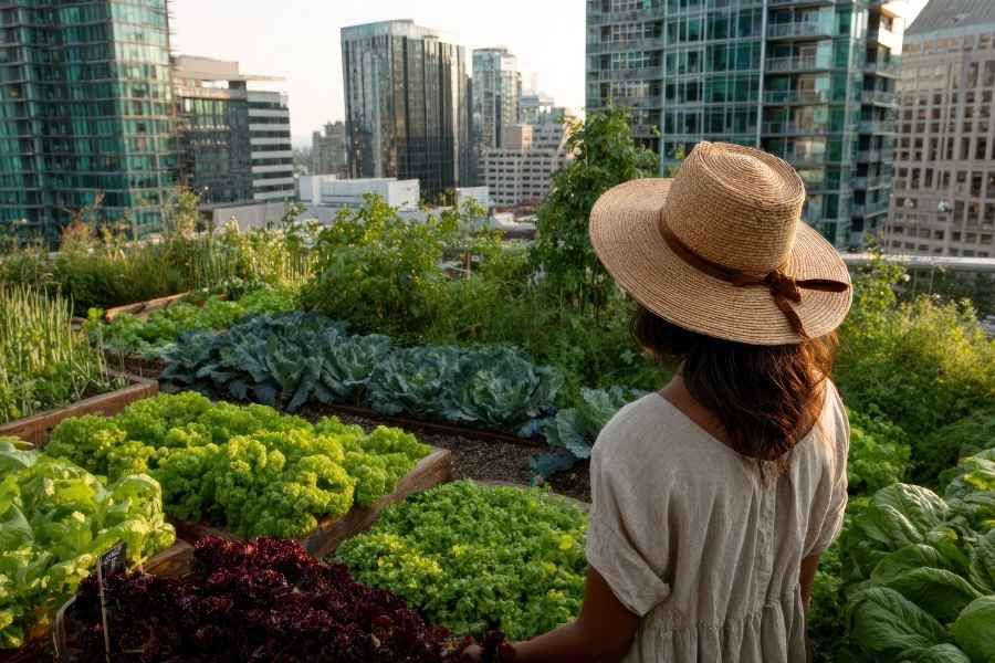 Vue panoramique d’une exploitation maraîchère urbaine Femme avec chapeau observant son exploitation maraîchère urbaine sur un toit