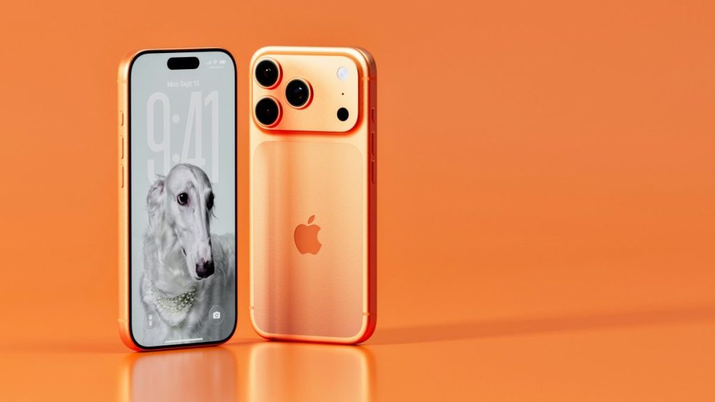Deux téléphones iPhone de couleur or ou orange cuivré, l'un montrant l'écran et l'autre le dos avec le logo Apple