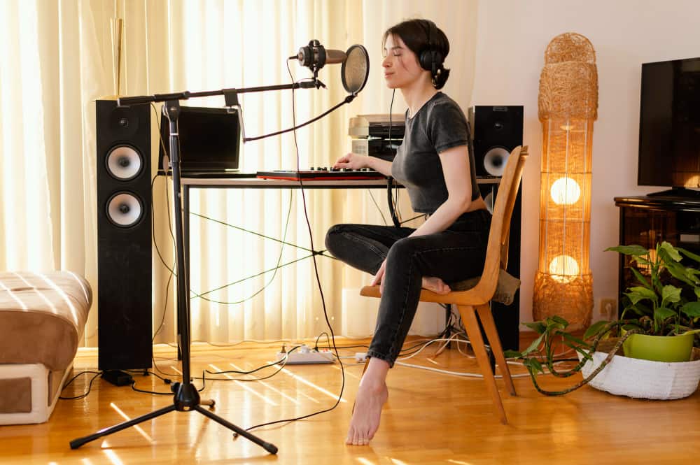 Une jeune femme assise à son bureau de production musicale à domicile, portant un casque et ajustant son équipement devant un microphone, illustrant l'importance de le choix du studio pour créer sa musique.